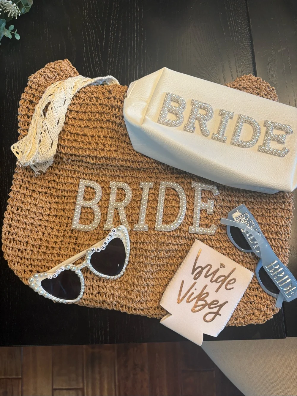 Bride Straw Tote and Accessories Set - Brown and Cream beach bag